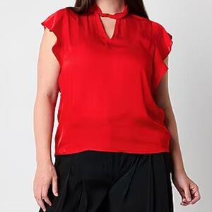 Worthington Womens Keyhole Neck Short Sleeve Satin Blouse